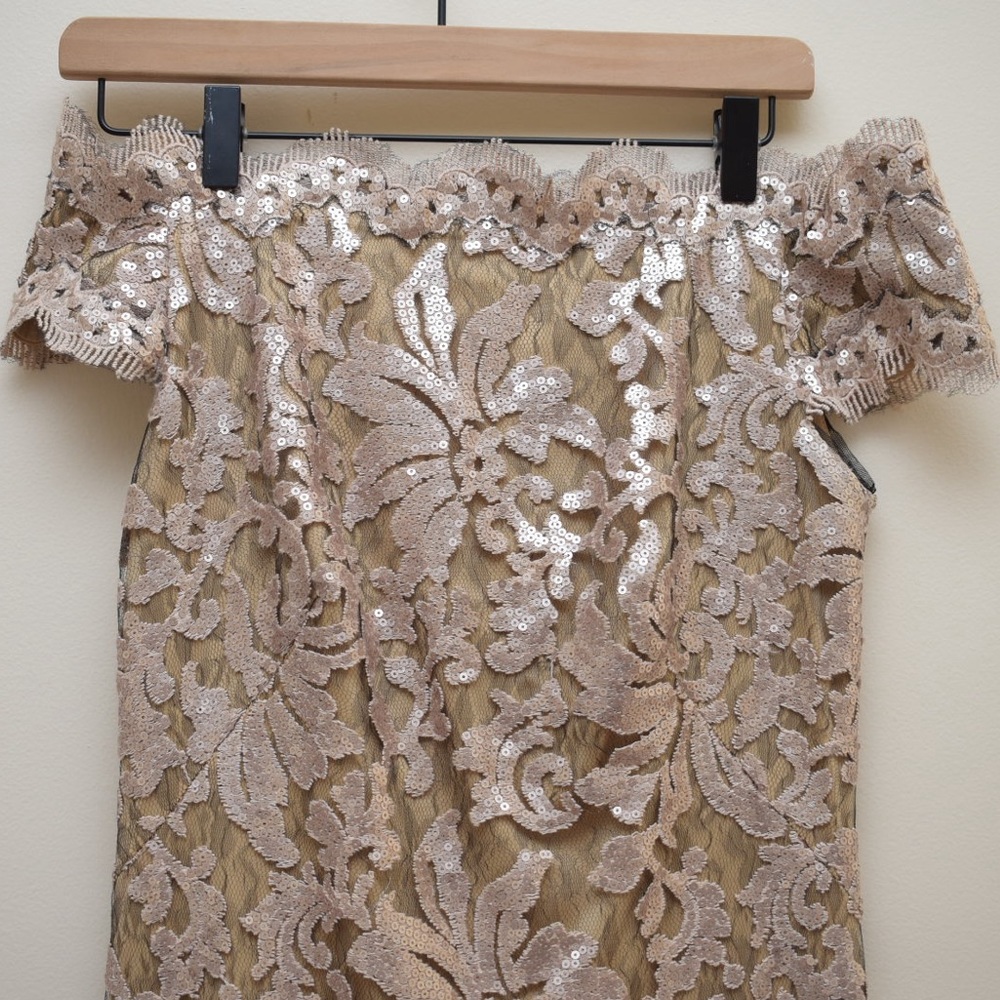 BHLDN Tadashi Shoji Odette Gold Sequin Boatneck Lace Overlay Full Length Dress - Picture 5 of 8